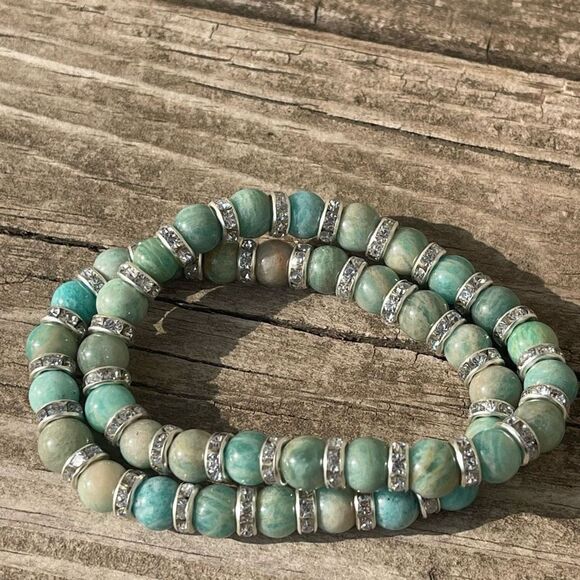Amazonite ONE stretch bracelet NEW 7.5” rhondelle Amazon stone crystal beaded be - Picture 1 of 13